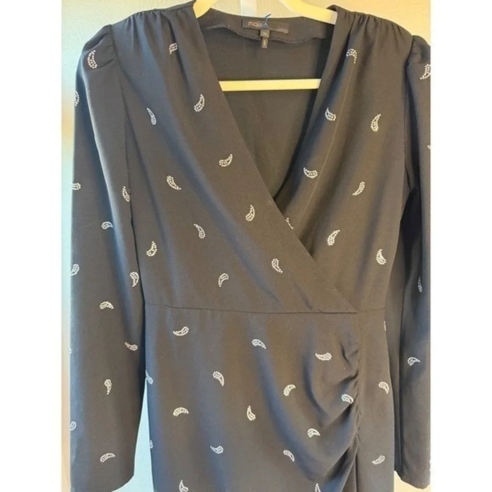 Maje Black Rhinestone Paisley Wrap Mini Dress Long Sleeve V-Neck Size 36 US 4 - Picture 3 of 7
